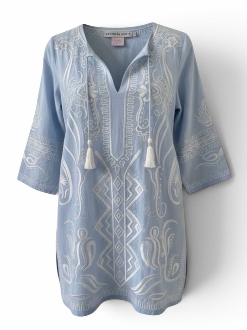 Gretchen Scott Light Blue with White Embroidery 3/4 Sleeve Tunic Top Size XXS